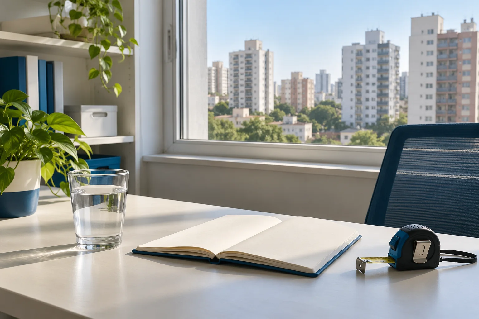 Imagem ilustrativa de uma mesa de planejamento com caderno e fita métrica