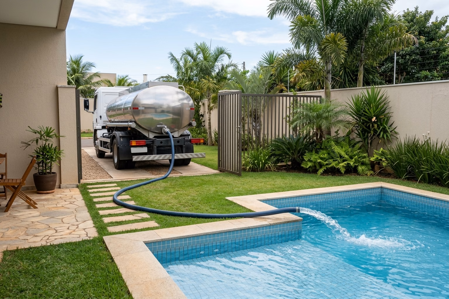 Imagem ilustrativa de abastecimento de piscina residencial com mangueira e caminhão-pipa ao fundo