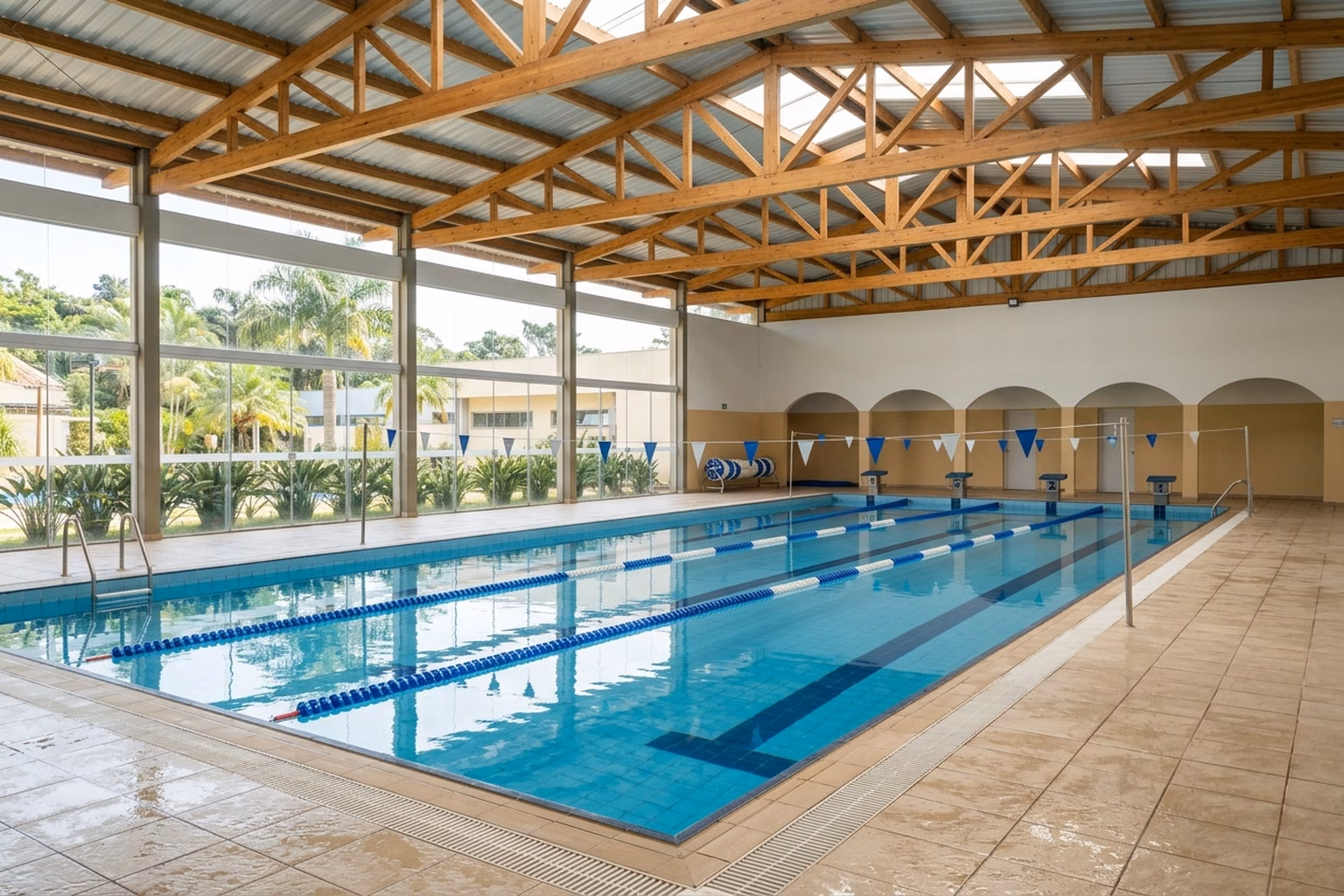Imagem ilustrativa de piscina coberta com três raias em escola de natação
