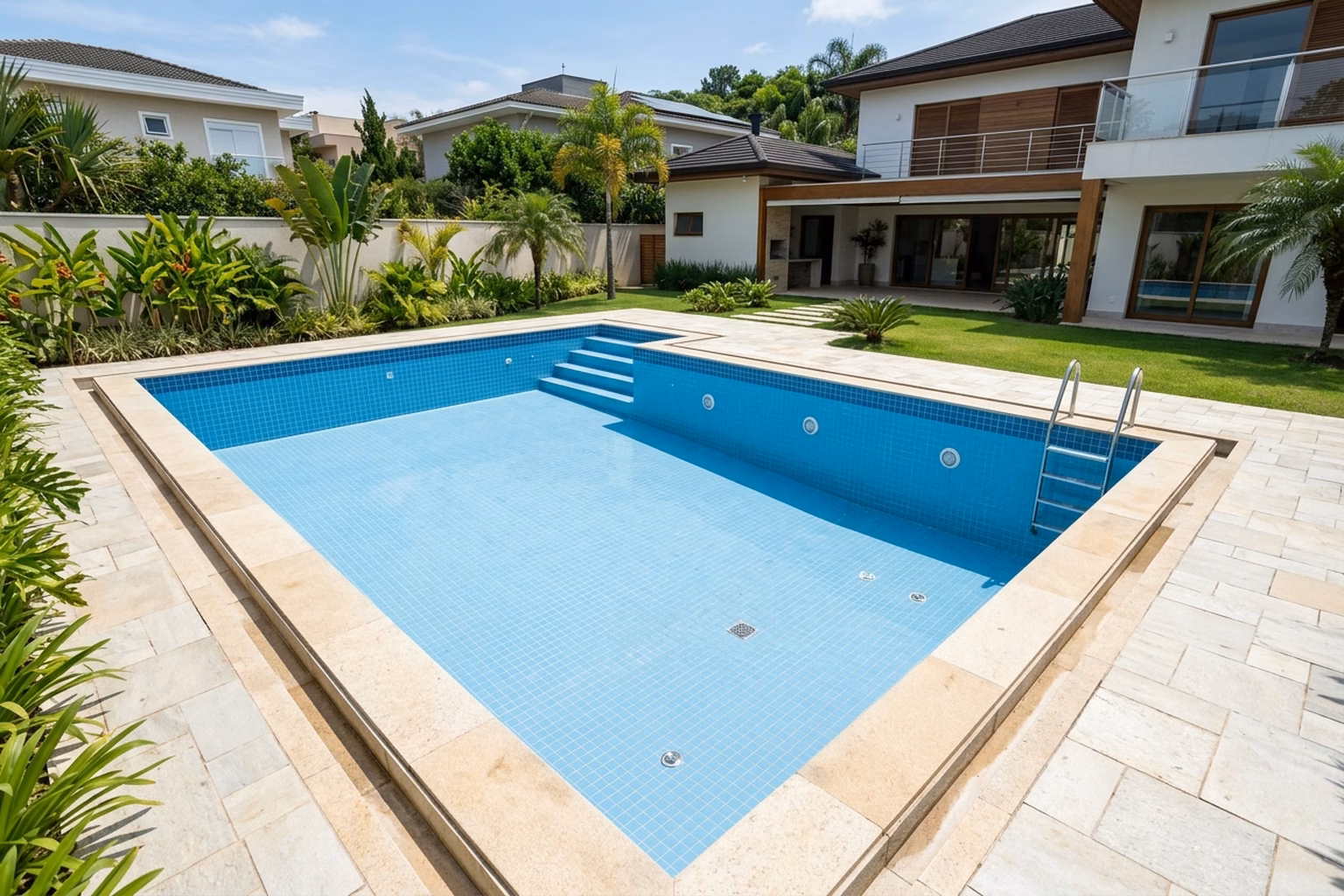 Imagem ilustrativa de piscina residencial vazia e limpa antes do enchimento